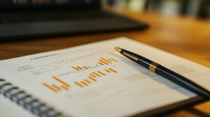 Fototapeta premium A close-up of a printed report featuring a gold price chart with data points and trend lines, placed on a desk with a pen and notebook for detailed review.