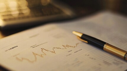 Fototapeta premium A close-up of a printed report featuring a gold price chart with data points and trend lines, placed on a desk with a pen and notebook for detailed review.