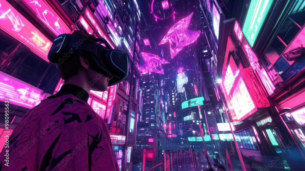 Poster a user avatar exploring a vibrant virtual world in the metaverse, filled with neon lights and floati