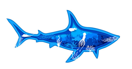 Shark silhouette with underwater landscape. Vector paper cut, shark-shaped, layered 3d frame with underwater scene features marine creatures surrounded by coral reefs and aquatic plants in the ocean