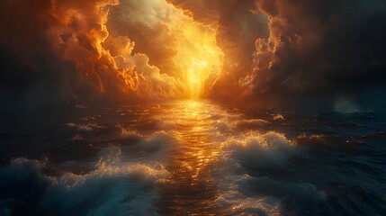 Naklejka premium Visualize the epic crossing of the Red Sea, with Moses leading the Israelites through the majestic walls of water, the scene bathed in divine light from above,