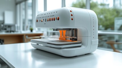 A modern 3D printer on a table in a bright workspace.