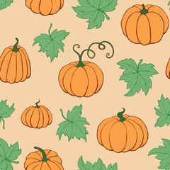 Vector seamless pattern with pumpkins in doodle flat style. Halloween or thanksgiving background and texture.