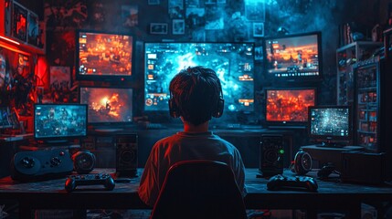 Create an image of an Asian boy playing a fast-paced virtual hockey game, his living room filled with gaming equipment and tech gadgets