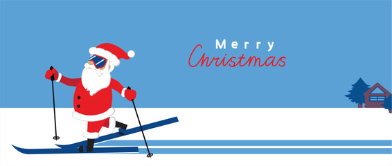Cartoon Santa Claus skiing. Christmas set Vector illustration.