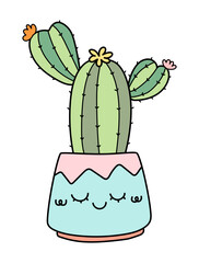 Cute cactus in a funny pot with cartoon style hand drawn vector illustration