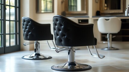 Two black tufted salon chairs with chrome bases in a modern salon setting.
