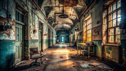 Fototapeta premium Ominous abandoned asylum corridor with peeling walls, rusty medical equipment, and flickering fluorescent lights
