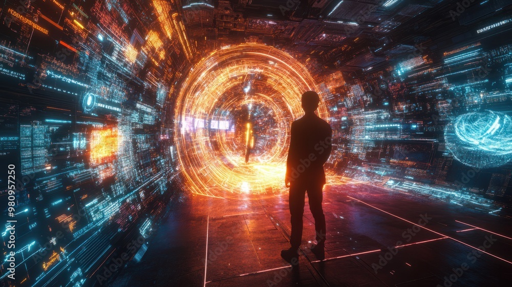Aufkleber a user avatar teleporting from one digital realm to another, entering different virtual experiences 