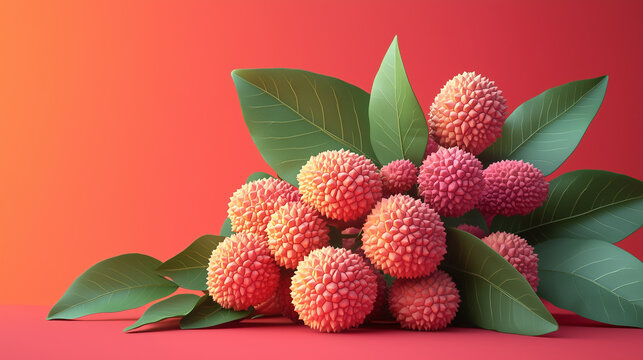 A vibrant bunch of lychees surrounded by lush green leaves, set against a bold red background, showcasing their unique texture and color.