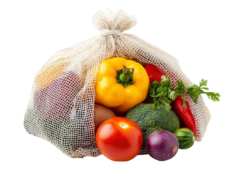 Mesh bag with fruits and vegetables. Transparent background, Isolated PNG.