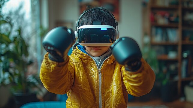 Show an Asian teen performing action-packed movements in his living room while playing a virtual boxing game with a VR headset
