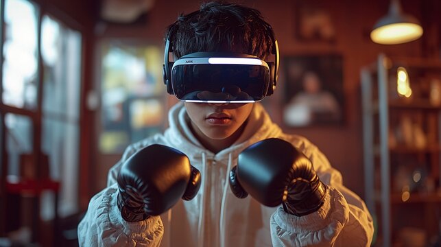 Show an Asian teen performing action-packed movements in his living room while playing a virtual boxing game with a VR headset