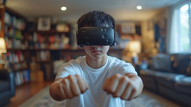 Show an Asian teen performing action-packed movements in his living room while playing a virtual boxing game with a VR headset