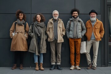 Fototapeta premium A diverse group of five people enjoying a casual day outdoors in an urban setting wearing stylish winter clothing
