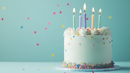 A festive birthday cake with candles and colorful sprinkles, perfect for celebrations.