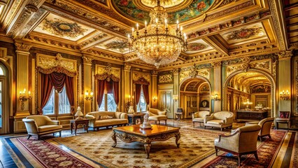 Fototapeta premium Opulent gold-leaf ceilings, ornate chandeliers, and intricately carved wooden paneling adorn a lavish, high-ceilinged