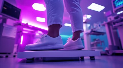 Weight Checkup - Patient Standing on Scale with Medical Equipment in Background