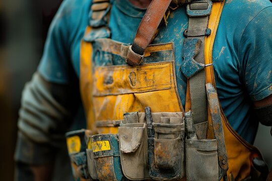 Manual laborer in a dusty worksite wearing a tool belt, showcasing heavy-duty clothing and equipment during outdoor tasks