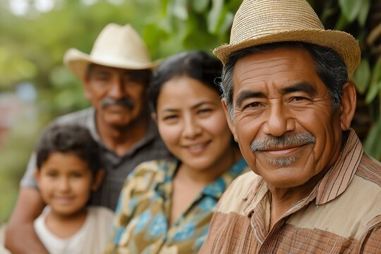 A joyful family gathering of Hispanic people outdoors in a lush green area, showcasing smiles and togetherness during a warm day