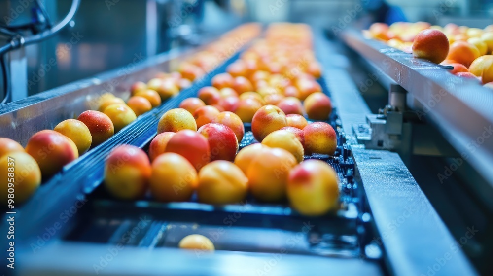 Poster automated fruit processing in a factory, overseen by food technologists focused on maintaining high 