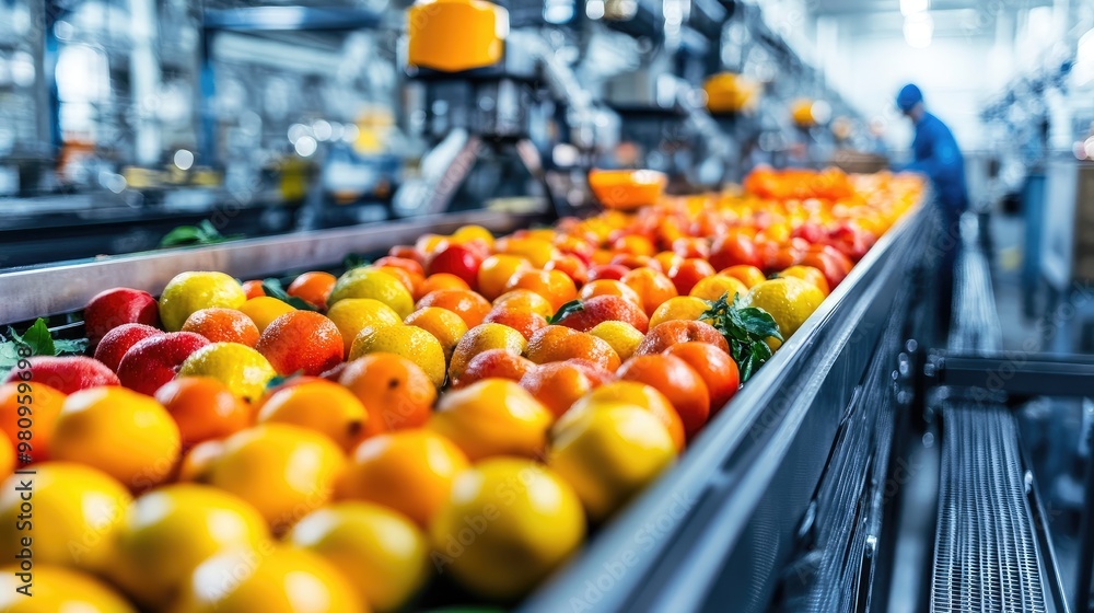 Poster automated fruit processing in a factory, overseen by food technologists focused on maintaining high 