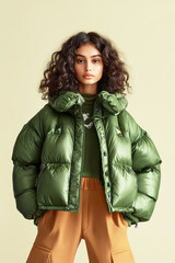 Model posing in stylish green puffer.