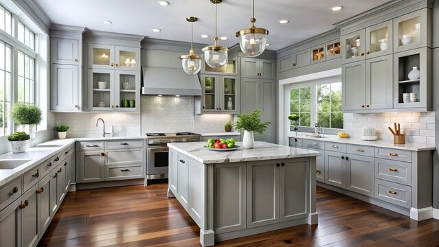 Modern kitchen cabinetry showcases soft grey paint with crisp white accents, complemented by elegant hardware that adds