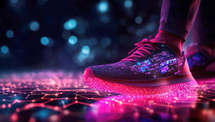 Illuminated sneaker on a vibrant, glowing surface, showcasing an energetic and innovative design that captivates the viewer.