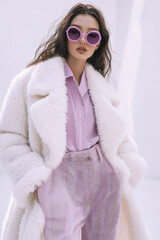 Model in stylish fall winter outfit.