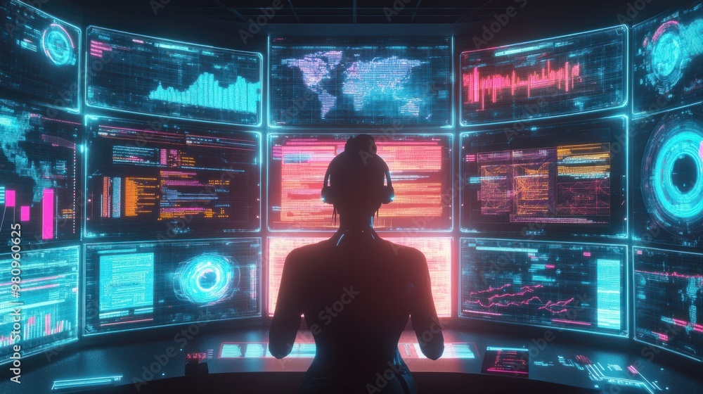 Poster a visual representation of a user accessing a metaverse dashboard, with multiple windows and hologra
