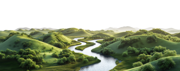 Transparent PNG image of river valley with meandering river and rolling hills