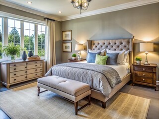 placing plush bed against wall, complementing nightstands, dresser, and accent chair, with plenty of natural light and
