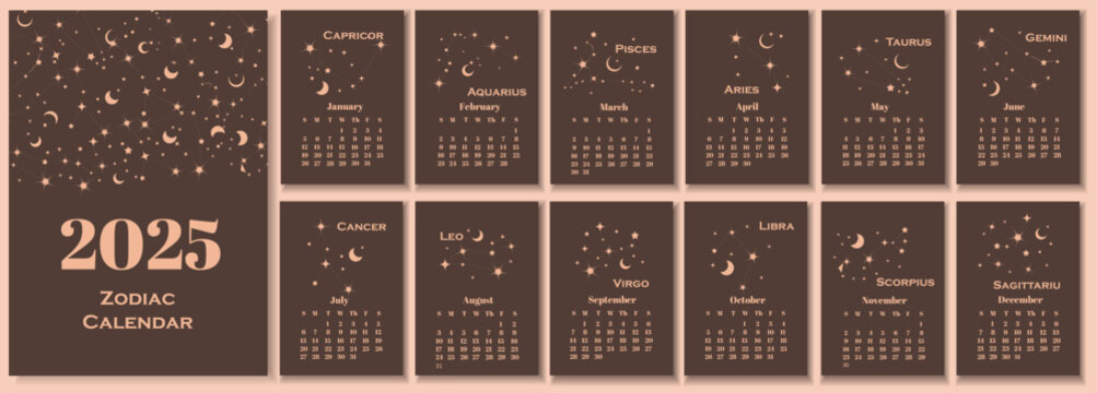 2024 calendar. Calendar concept design with constellation of the zodiac. Set of 12 calendar pages.