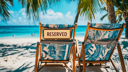 Beach Chair on Tropical Beach with 'Reserved' Sign, Highlighting Luxury Travel Experience