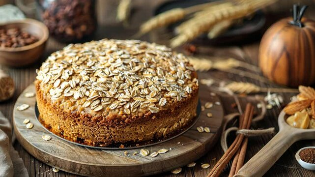 Baking a delicious oat cake with autumn spices and natural ingredients in a cozy kitchen setting