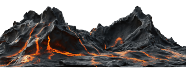 Transparent PNG volcanic landscape with active lava flows and rugged terrain
