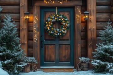 rustic wooden door adorned with elegant christmas wreath twinkling lights and frosted pine cones creating a warm inviting entrance