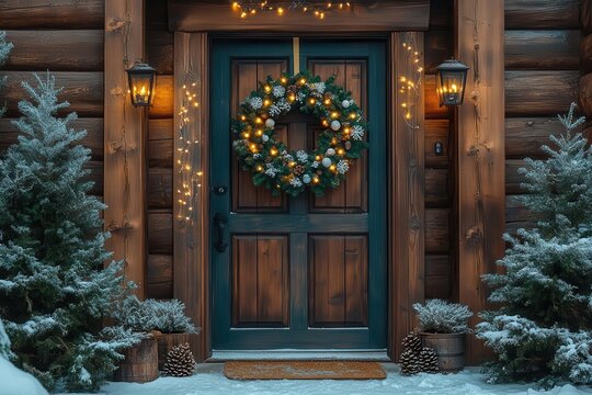 rustic wooden door adorned with elegant christmas wreath twinkling lights and frosted pine cones creating a warm inviting entrance