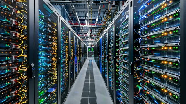 Explore the vibrant interior of a modern data center filled with servers and colorful cables