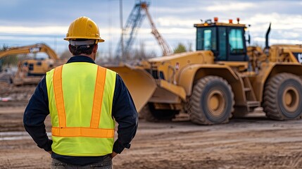 A construction worker observes heavy machinery on a worksite, emphasizing safety and industry focus.
