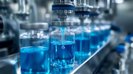 Machinery fills glass containers with a blue liquid droplet under sterile conditions
