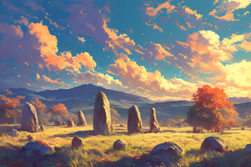 Anime style, An ancient stone circle in the countryside, surrounded by rolling hills covered in autumn foliage under a dramatic sunset sky