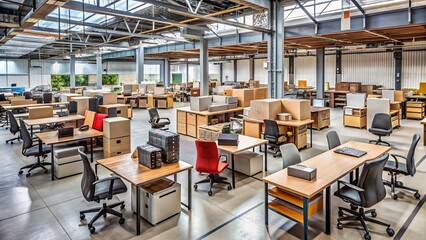 Naklejka premium Rearrangeable, eclectic mix of pre-owned office desks, chairs, and shelving units stocked in a bustling warehouse,