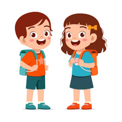 little kid wearing backpack and ready to school with friend