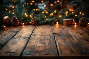 rustic wooden table with soft focus christmas trees in background twinkling lights creating a warm inviting holiday atmosphere with ample negative space