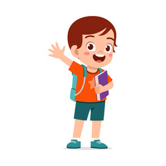 little kid wearing backpack and do waving hand