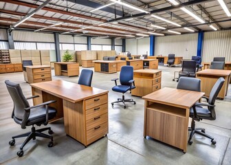 Rearrangeable used office furniture on display in a Dundee warehouse, featuring wooden desks, ergonomic chairs, and