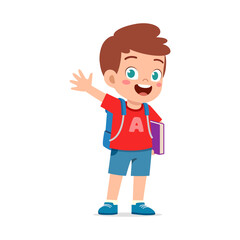 little kid wearing backpack and do waving hand