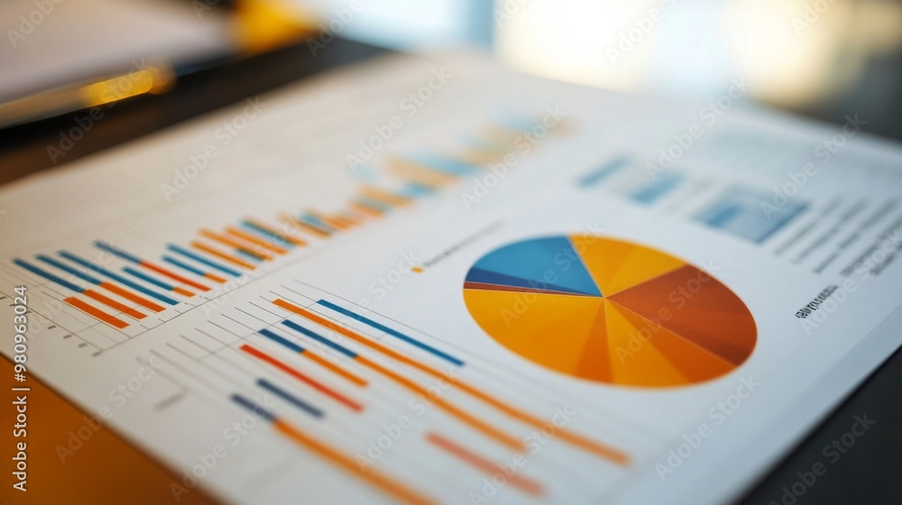Poster a detailed close-up of a pie chart and line graph combination on a printed report, emphasizing busin